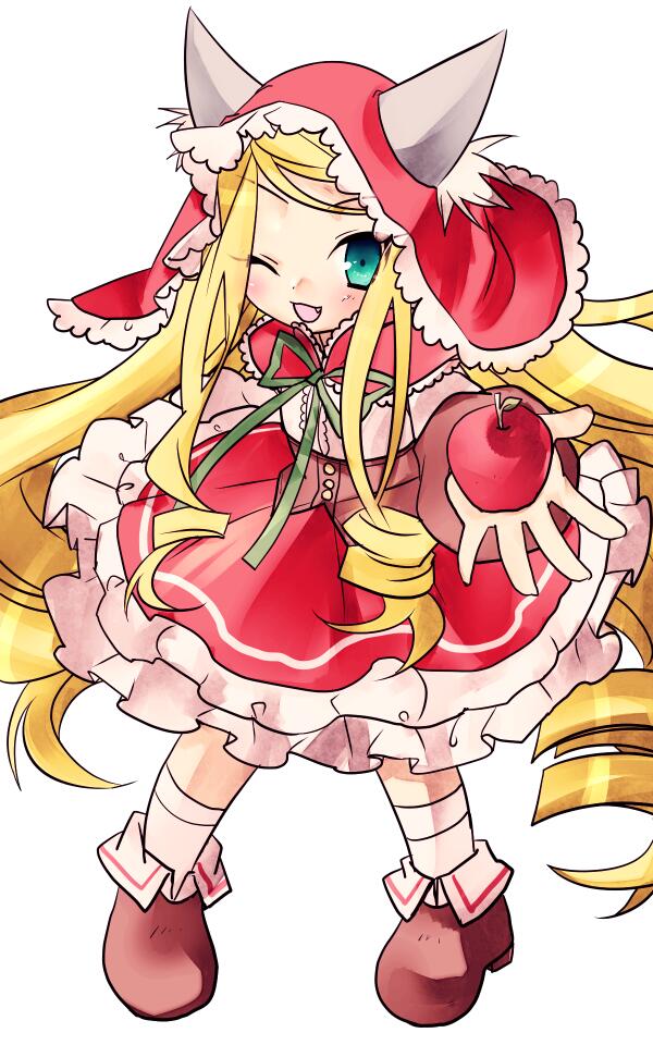 lizrin, emil chronicle online, 1girl, animal ears, blonde hair, boots, brown boots, brown corset, capelet, corset, drill hair, drill sidelocks, fang, food, frilled hat, frilled skirt, frills, fruit, green eyes, hat, holding, holding food, holding fruit, long hair, long sidelocks, low drills, one eye closed, open mouth, red capelet, red hood, red skirt, shirt, shugoma shimotsuki, sidelocks, skirt, socks, solo, white background, white shirt, white skirt, white socks