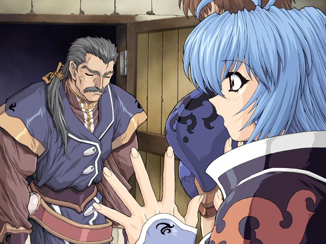 brave soul, mogudan, alicia (brave soul), alicia mcfadden, tired, game cg, 1girl, 2boys, antenna hair, black hair, blue hair, closed eyes, earrings, facial hair, jewelry, long hair, multiple boys, mustache, old, old man, open mouth, ponytail, red eyes, sad