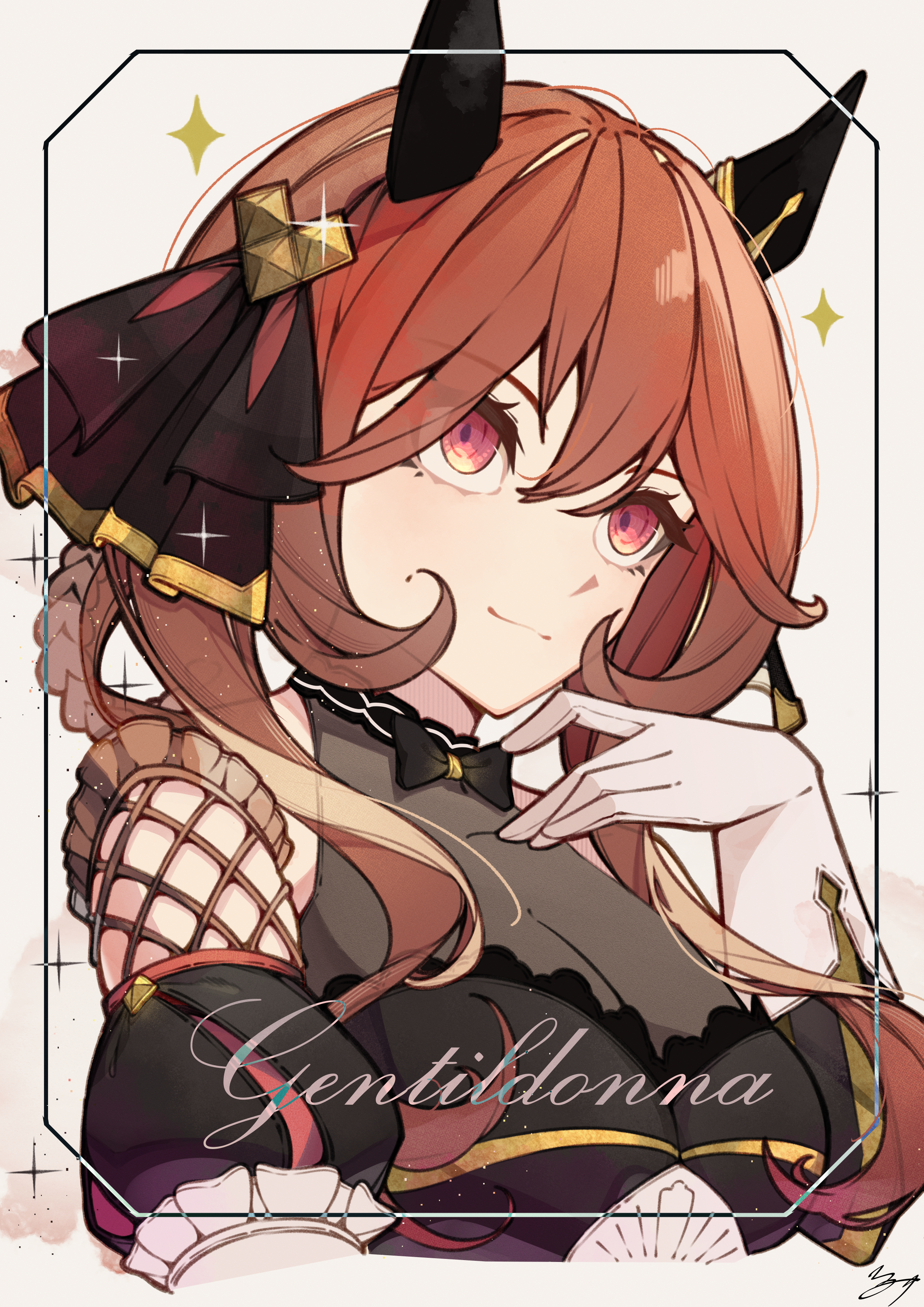 shikahisa totani, gentildonna (regina dei fiori) (umamusume), gentildonna (umamusume), umamusume, absurdres, highres, 1girl, animal ears, black dress, braid, braided hair rings, breasts, brown hair, cleavage, closed mouth, detached sleeves, dress, ear covers, ear ornament, gloves, hair between eyes, hair ornament, hair rings, horse ears, horse girl, large breasts, long hair, looking at viewer, red eyes, see-through cleavage, see-through clothes, simple background, smile, solo, star (symbol), white background, white gloves