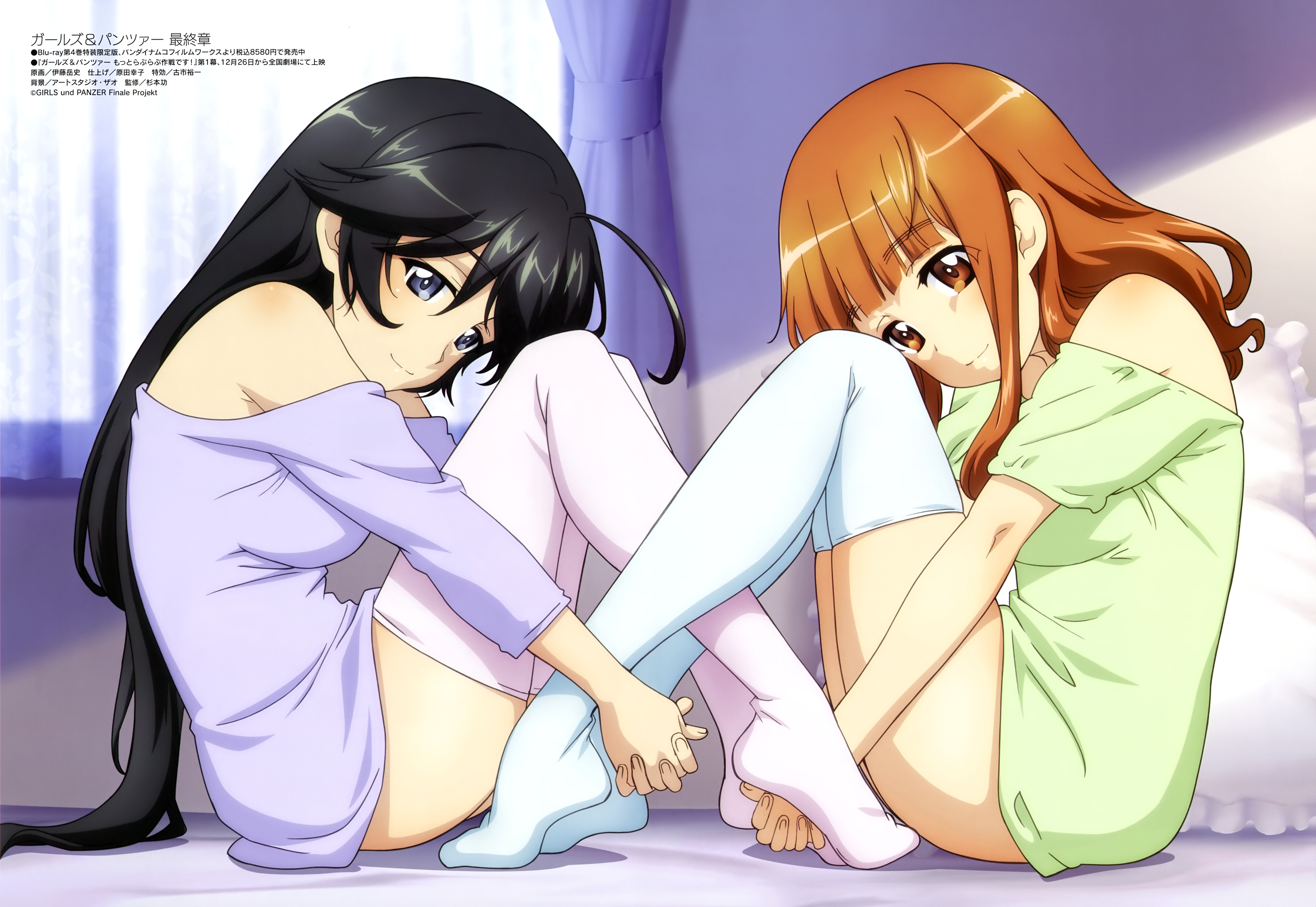 itou takeshi, isuzu hana, takebe saori, girls und panzer, megami magazine, absurdres, highres, magazine scan, official art, scan, anime coloring, copyright name, copyright notice, looking at viewer, simple background