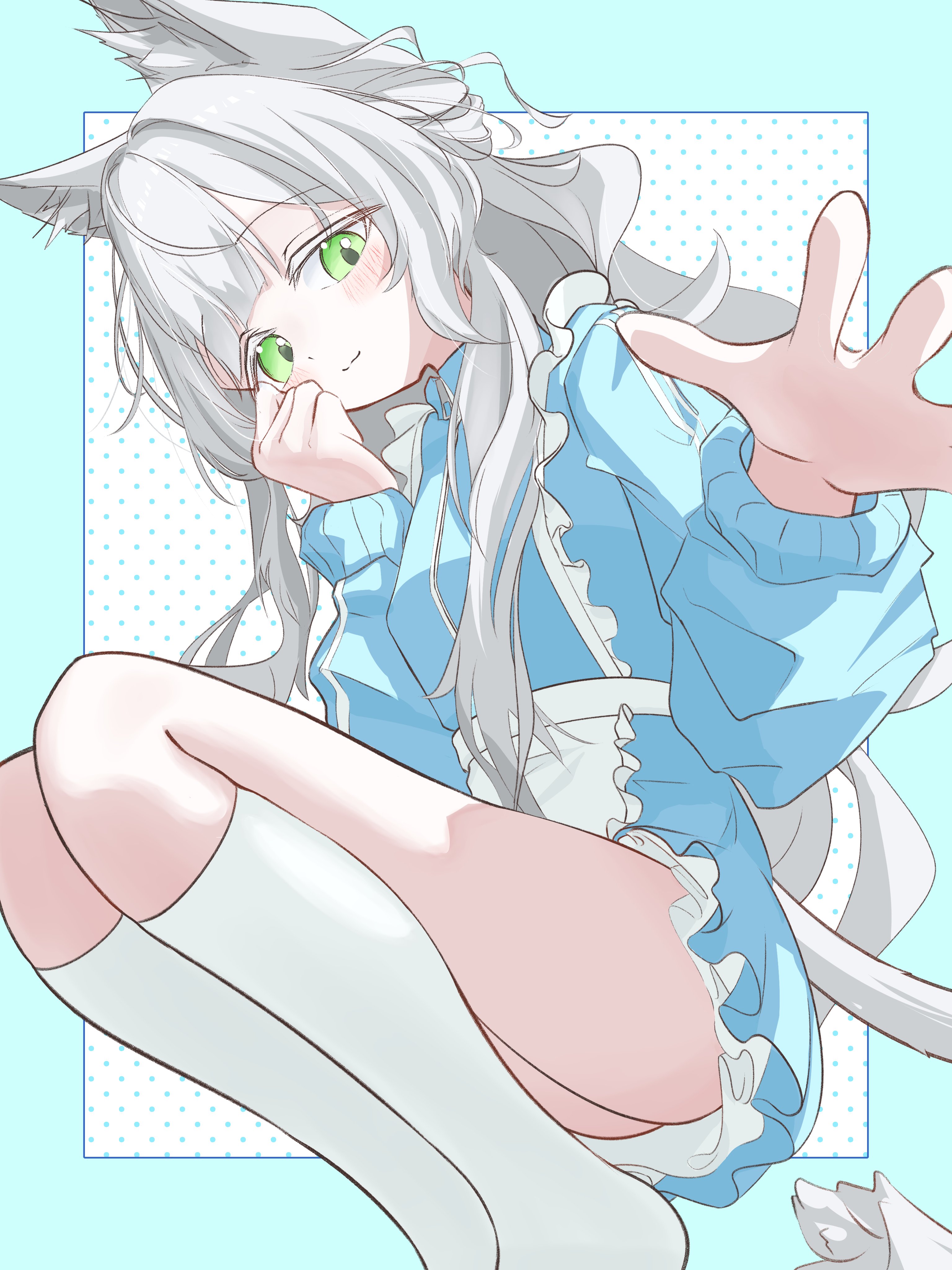 rosmontis (arknights), arknights, absurdres, commission, highres, skeb commission, 1girl, alternate costume, animal ears, apron, blue jacket, cat ears, cat girl, cat tail, closed mouth, green eyes, grey hair, jacket, jersey maid, kneehighs, lelielchan an, long hair, long sleeves, looking at viewer, maid, maid apron, smile, socks, solo, tail, track jacket, unconventional maid, white apron, white socks