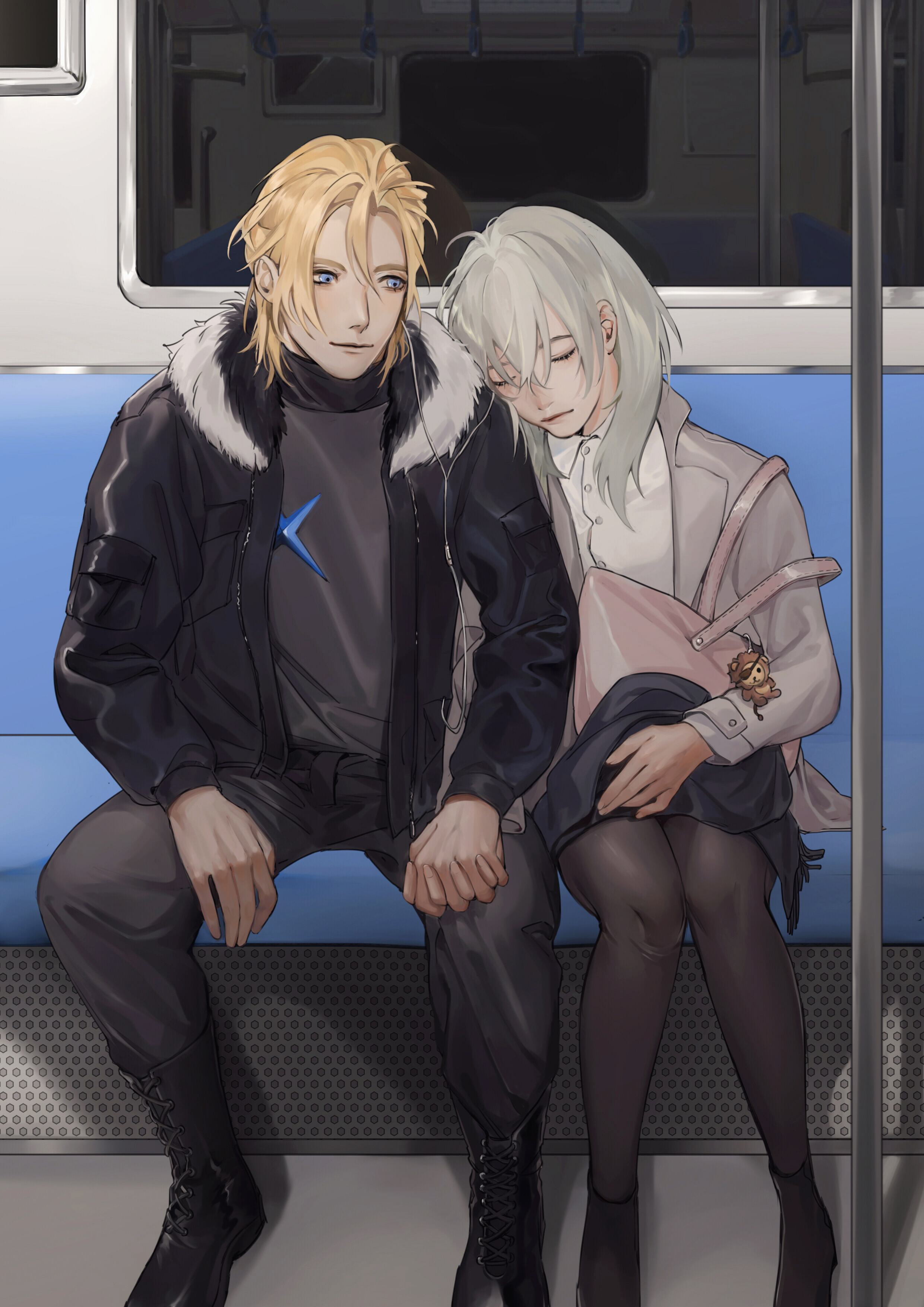 owl taro, dimitri alexandre blaiddyd, dimitri alexandre blaiddyd (timeskip), female byleth (awakened) (fire emblem), female byleth (fire emblem), fire emblem, fire emblem: three houses, nintendo, absurdres, highres, 1boy, 1girl, alternate costume, bag, black boots, black jacket, black pantyhose, black shoes, black skirt, blonde hair, blue eyes, boots, contemporary, fur-trimmed jacket, fur trim, green hair, hair between eyes, hand grip, head on another's shoulder, hetero, jacket, knee boots, knees, long sleeves, medium hair, no eyepatch, open clothes, open jacket, pantyhose, reflection, shoes, short hair, shoulder bag, sitting, skirt, sleeping, sleeping upright, train interior