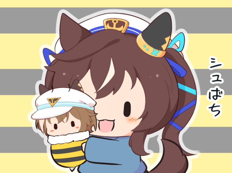 gomashio (goma feet), cheval grand (umamusume), vivlos (umamusume), umamusume, commentary request, translation request, 2girls, :3, :d, animal ears, bee, black background, blue shirt, blush, blush stickers, brown hair, bug, chibi, chibi only, hat, holding, holding mini person, horse ears, horse girl, horse tail, insect, long hair, long sleeves, mini person, minigirl, multicolored hair, multiple girls, no mouth, open mouth, outline, shirt, smile, streaked hair, striped background, tail, twintails, two-tone background, two-tone hair, white hair, white hat, white outline, yellow background, | |