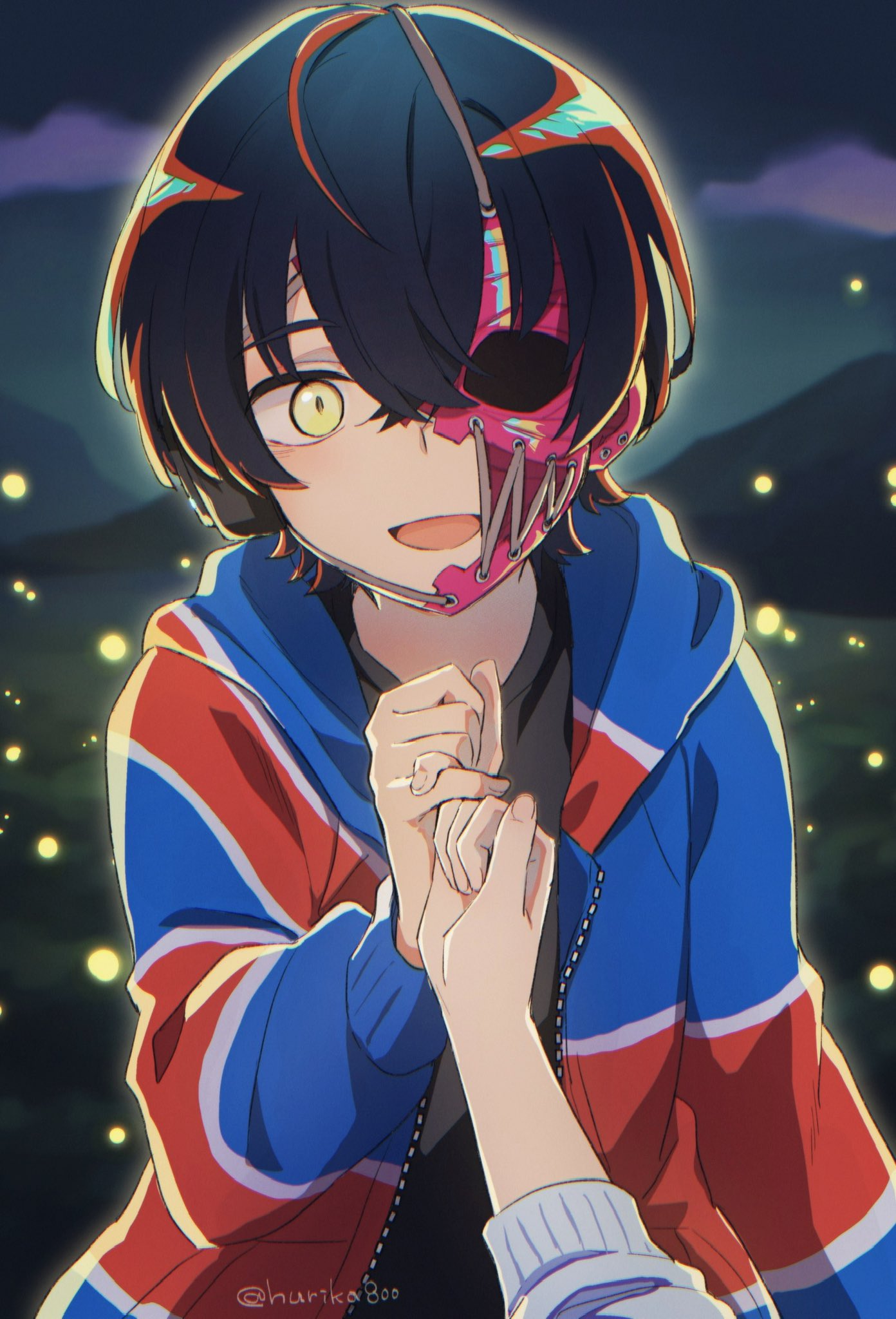 commentary, hashtag-only commentary, highres, 1boy, 1girl, :d, backlighting, black hair, black shirt, fireflies, hair between eyes, half mask, hurika800, jacket, ku otsuki, long sleeves, looking at viewer, mask, open clothes, open jacket, open mouth, pinky swear, pov, pov hands, rei shimobe, reverse trap, scene reference, shirt, short hair, shuten order, smile, twitter username, yellow eyes
