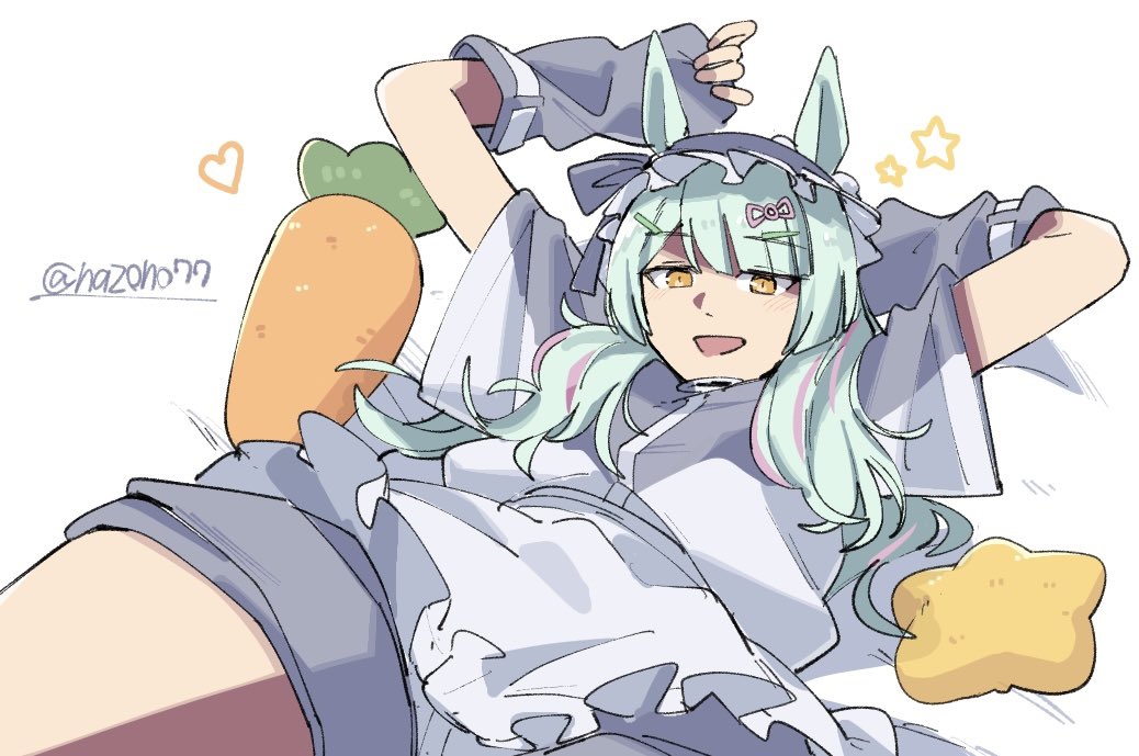 nazono77, fujimasa march (umamusume), umamusume, umamusume: cinderella gray, 1girl, animal ears, apron, arm warmers, carrot, frilled apron, frills, grey hair, grey jacket, heart, horse ears, horse girl, jacket, jersey maid, long hair, looking at viewer, lying, maid, maid apron, maid headdress, multicolored hair, on back, open mouth, pink hair, short sleeves, shorts, simple background, smile, solo, star (symbol), streaked hair, stuffed carrot, track jacket, unconventional maid, white apron, yellow eyes