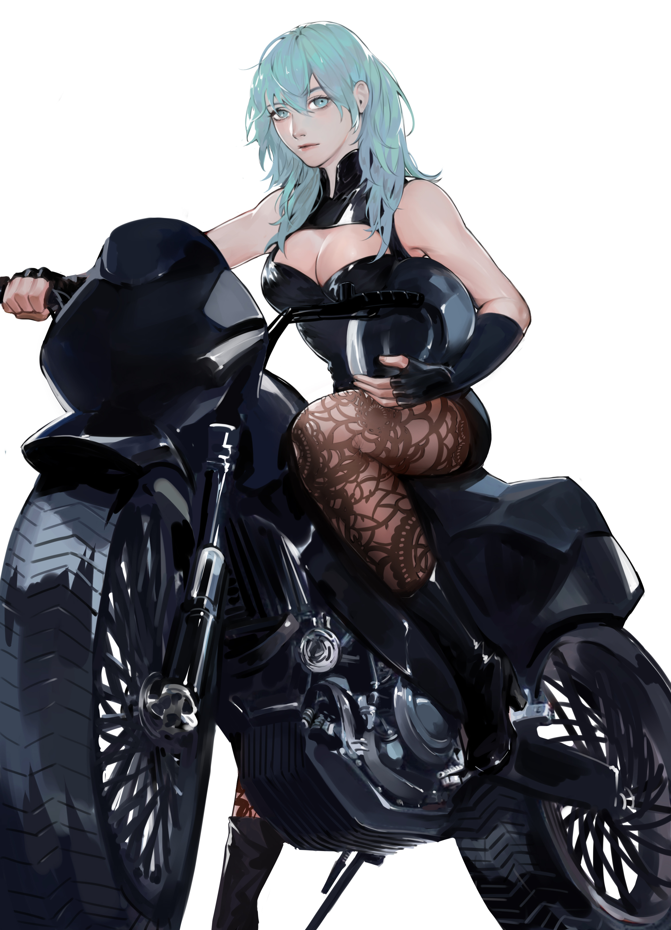 owl taro, female byleth (awakened) (fire emblem), female byleth (fire emblem), fire emblem, fire emblem: three houses, nintendo, absurdres, commentary request, highres, 1girl, alternate costume, alternate hair color, black gloves, boots, breasts, cleavage, cleavage cutout, clothing cutout, fingerless gloves, gloves, green eyes, green hair, helmet, high heel boots, high heels, holding, holding unworn helmet, large breasts, looking at viewer, medium hair, motor vehicle, motorcycle, motorcycle helmet, pantyhose, simple background, sitting, solo, unworn headwear, unworn helmet, white background