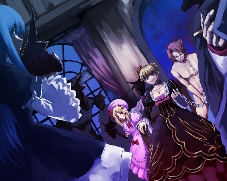 yomichi, beatrice (umineko), frederica bernkastel, lambdadelta, ushiromiya battler, umineko no naku koro ni, 00s, 1boy, 3girls, blonde hair, blue eyes, blue hair, bow, chain, dress, gloves, hat, long hair, mask, multiple girls, nude, pink bow, pink dress, red eyes, red hair, ribbon, serious, short hair, very long hair
