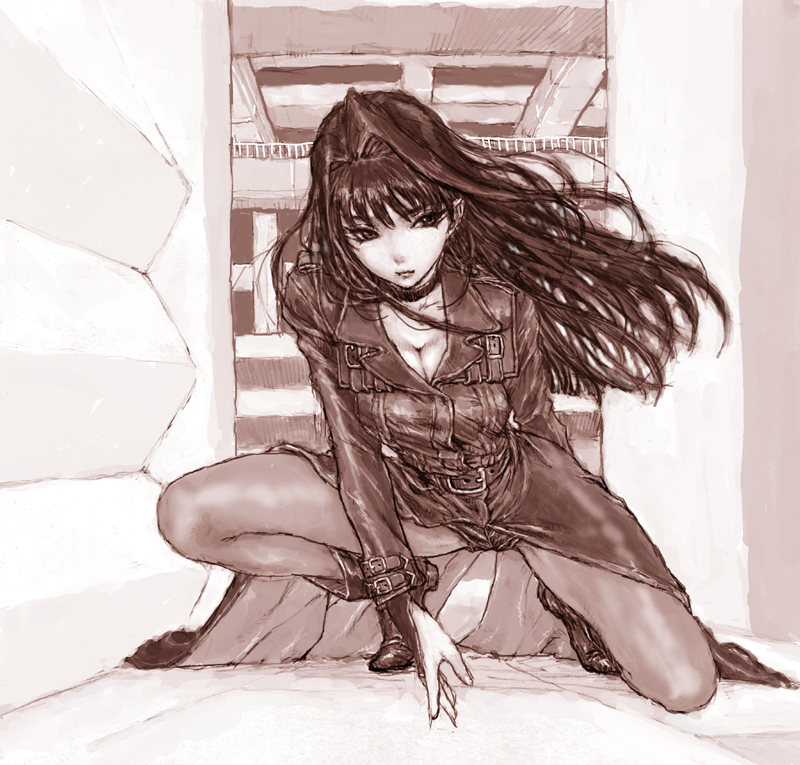 ponsuke (pon00000), atim mazaku, attim m'zak, seraphic feather, bad id, bad pixiv id, 1girl, boots, breasts, bridal gauntlets, brown theme, choker, cleavage, female focus, full body, hair intakes, kneeling, long hair, looking at viewer, medium breasts, monochrome, on one knee, pantyhose, short shorts, shorts, solo