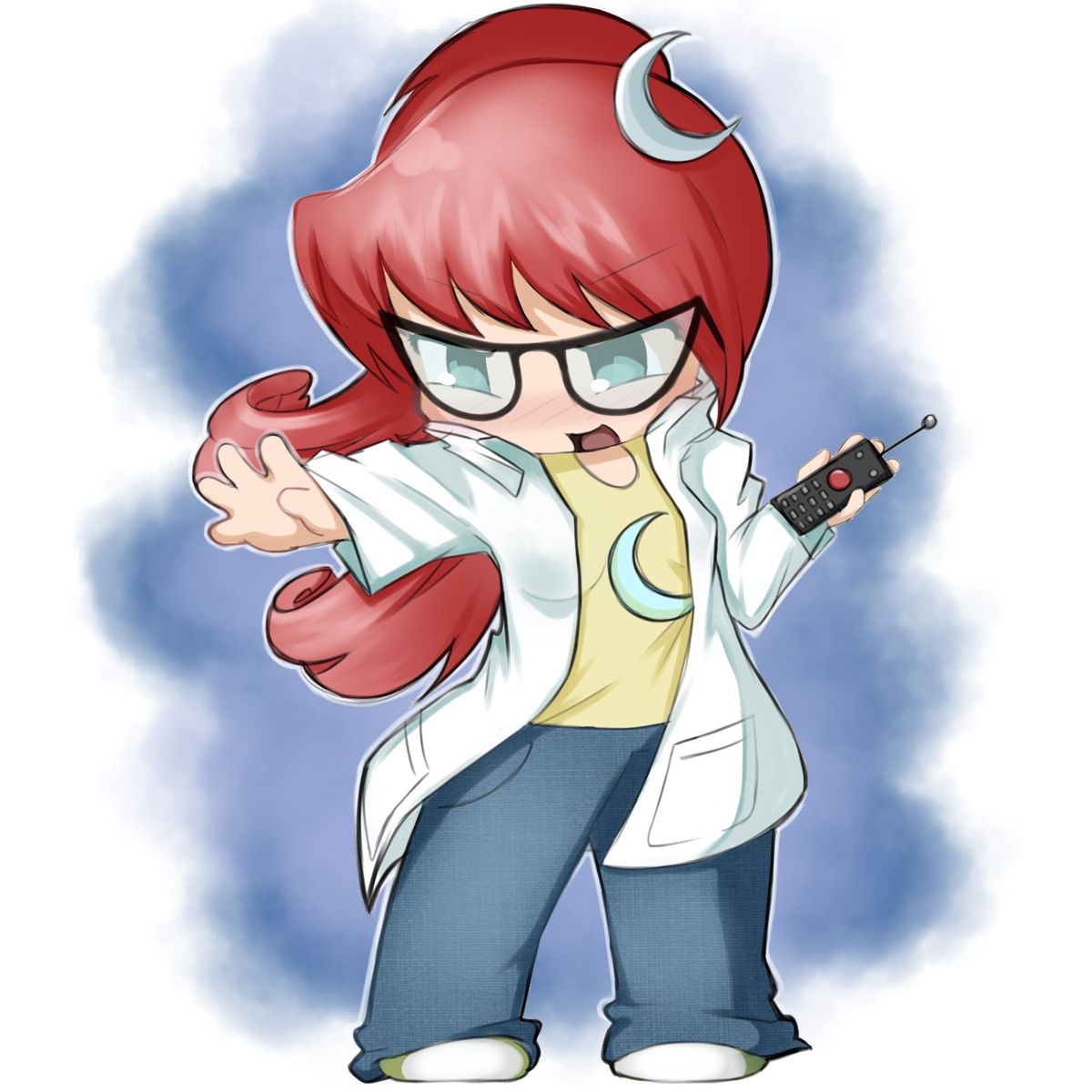mary test, johnny test, bad source, highres, 1girl, 2000s (style), cat eye-framed eyewear, chibi, controller, crescent, crescent hair ornament, denim, glasses, green eyes, green shoes, hair ornament, holding, jeans, lab coat, pants, pyopyopop, red hair, remote control, shirt, shoes, sneakers, solo, yellow shirt