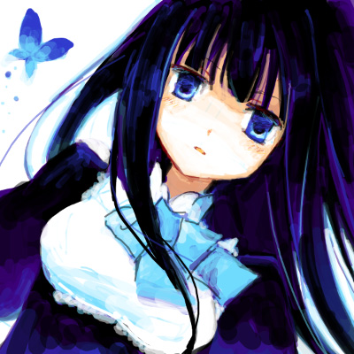 suzushiro kurumi, frederica bernkastel, umineko no naku koro ni, lowres, 00s, blue eyes, blue hair, blue theme, bug, butterfly, dress, insect, long hair, serious, solo, wind