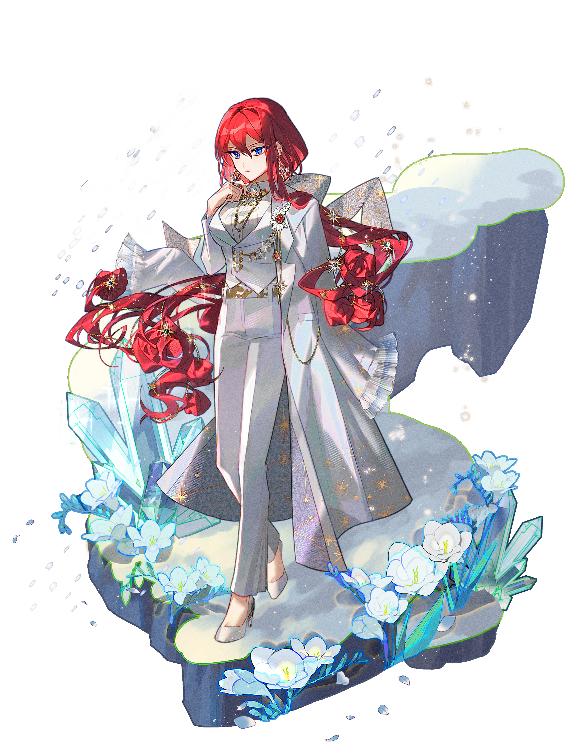 bamcream, original, absurdres, commentary, commission, english commentary, highres, 1girl, blue eyes, blue flower, closed mouth, coat, double-parted bangs, flower, full body, hair between eyes, hand up, high heels, jacket, jewelry, long hair, long sleeves, necklace, open clothes, open coat, pants, red hair, shoes, snowflakes, solo, standing, transparent background, white coat, white jacket, white pants, white shoes