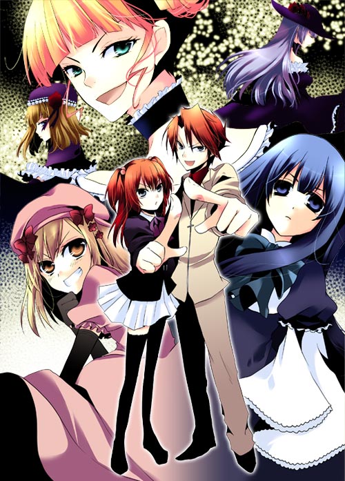 ico (pekoguest), beatrice (umineko), eva beatrice, frederica bernkastel, lambdadelta, ushiromiya ange, ushiromiya battler, virgilia (umineko), umineko no naku koro ni, silver hair, 00s, 1boy, 6+girls, aqua eyes, blonde hair, blue eyes, blue hair, blunt bangs, brother and sister, dress, flower, grey eyes, hair bobbles, hair ornament, hat, long hair, multiple girls, pink hat, red hair, rose, serious, short hair, siblings, smile, thighhighs, very long hair