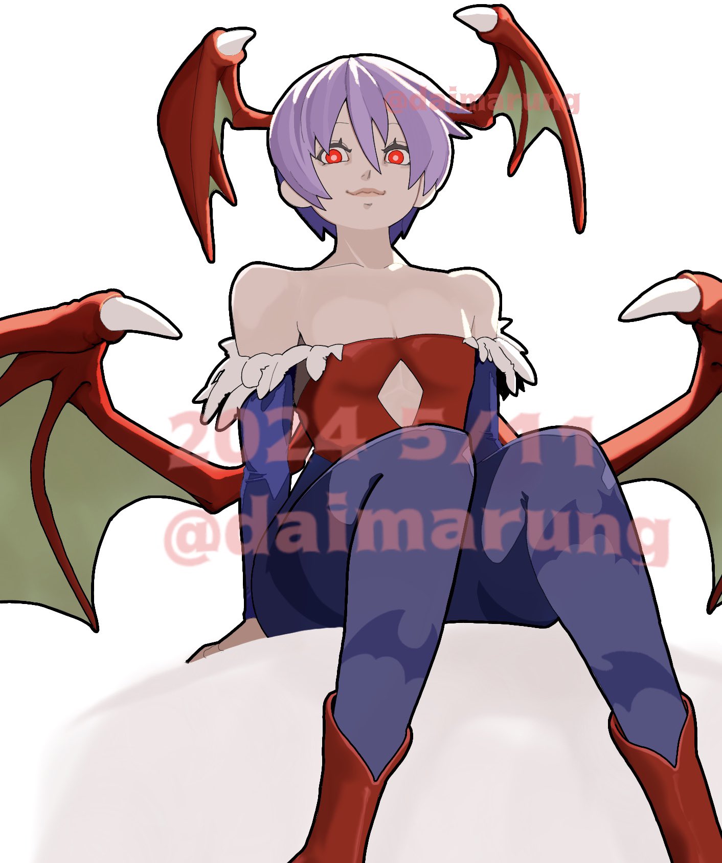 daimaru (s29y2c), lilith (darkstalkers), darkstalkers, highres, 1girl, animal print, bare shoulders, bat print, bat wings, blue pantyhose, bridal gauntlets, cleavage cutout, closed mouth, clothing cutout, dated, demon girl, flat chest, from below, hair between eyes, head wings, leotard, looking at viewer, low wings, pantyhose, print pantyhose, purple hair, red eyes, red leotard, short hair, simple background, sitting, smile, solo, strapless, strapless leotard, twitter username, white background, wings