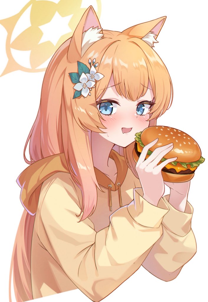 shinori (efvbji6264), mari (blue archive), blue archive, commentary, 1girl, :d, alternate costume, alternate hairstyle, animal ear fluff, animal ears, blue eyes, blush, burger, casual, cat ears, cat girl, cropped torso, drooling, eyelashes, flower, food, hair between eyes, hair down, hair flower, hair ornament, halo, hands up, holding, holding burger, holding food, hood, hood down, hoodie, leaf hair ornament, long hair, long sleeves, looking at food, mouth drool, open mouth, orange hoodie, simple background, smile, solo, tsurime, upper body, very long hair, white background, white flower, yellow halo