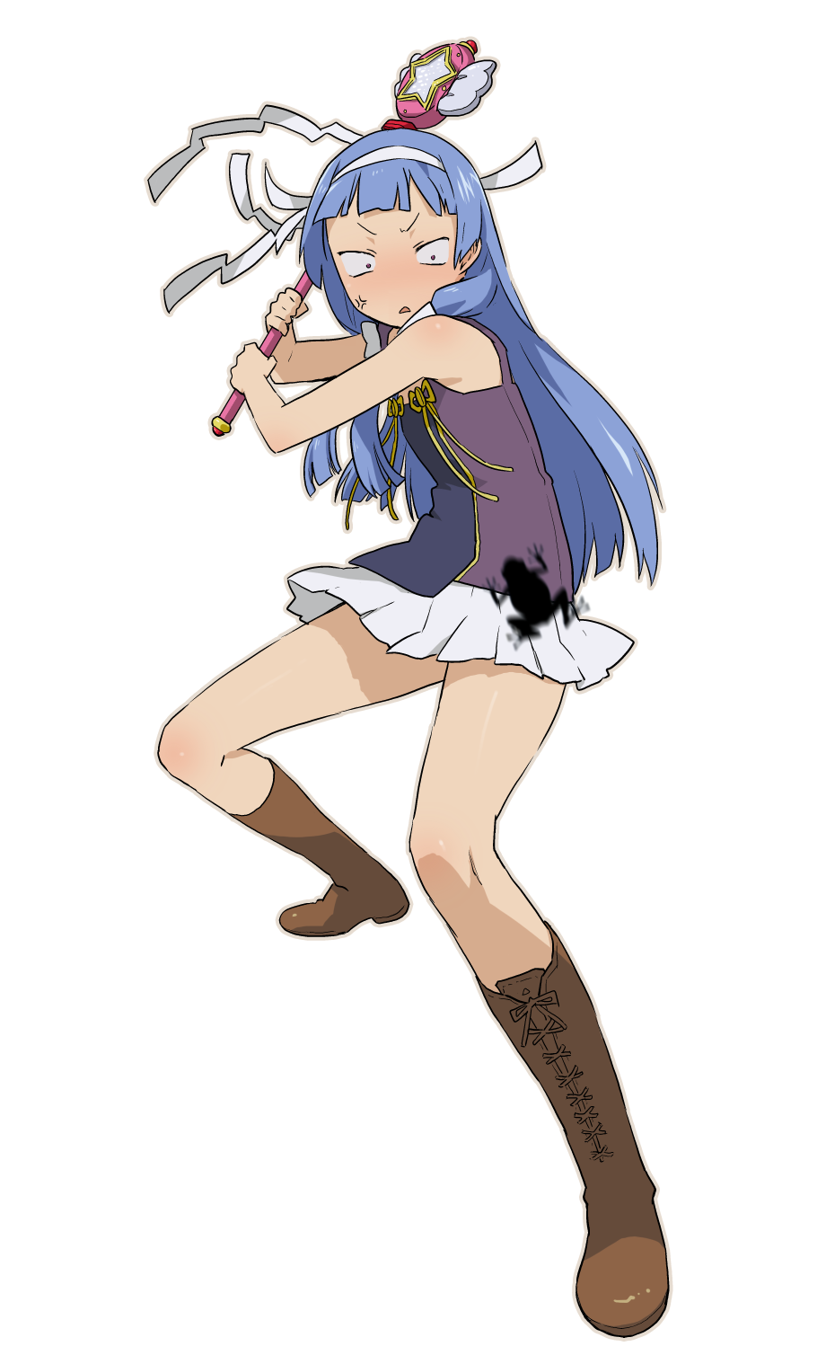 miharu (cgsky), nagi, kannagi, highres, 00s, 1girl, angry, blue hair, blunt bangs, boots, constricted pupils, female focus, frog, knee boots, lace-up boots, pleated skirt, skirt, solo, wand, white skirt