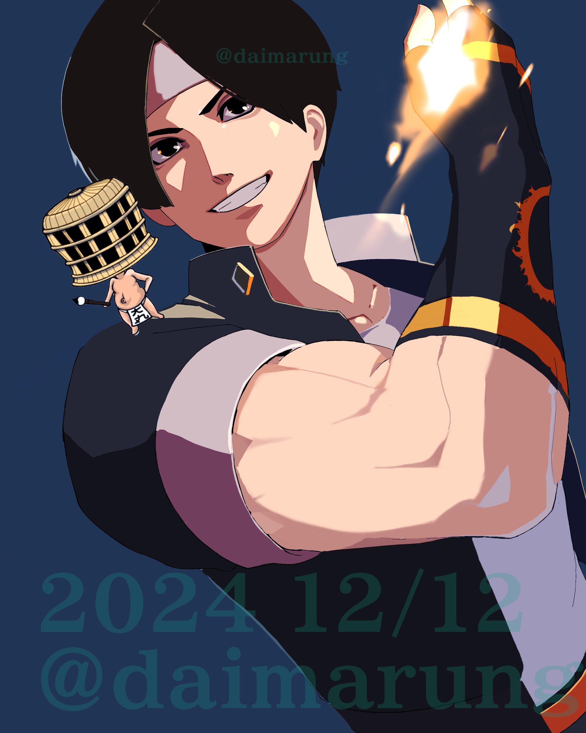 daimaru (s29y2c), kusanagi kyou, the king of fighters, absurdres, highres, 1boy, black hair, black jacket, blue background, brown eyes, dated, fingerless gloves, fire, gakuran, gloves, grin, headband, jacket, looking at viewer, male focus, pyrokinesis, school uniform, shirt, short hair, simple background, smile, solo, twitter username, white headband, white shirt