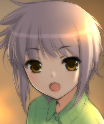 sano toshihide, nagato yuki, suzumiya haruhi no yuuutsu, light purple hair, bad id, bad pixiv id, lowres, 00s, :o, close-up, open mouth, purple hair, short hair, solo, yellow eyes