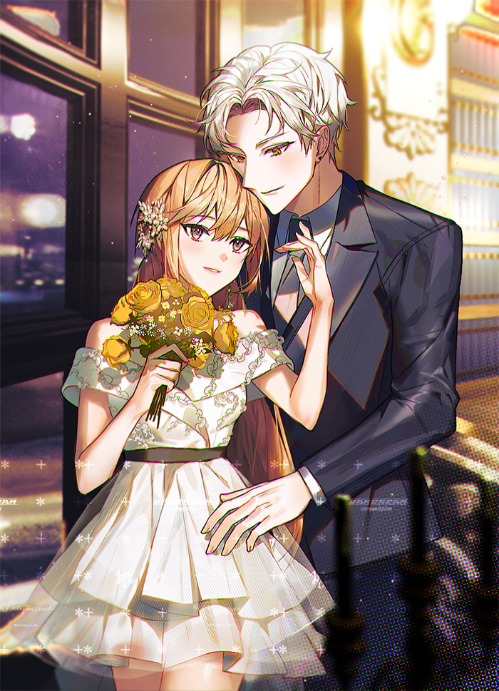 bamcream, original, commentary, commission, english commentary, 1boy, 1girl, bare shoulders, black jacket, black necktie, brown hair, closed mouth, collared shirt, cowboy shot, dress, flower, holding, holding flower, jacket, long hair, necktie, off-shoulder dress, off shoulder, parted bangs, rose, shirt, short hair, short sleeves, smile, white dress, white hair, white shirt, yellow eyes, yellow flower, yellow rose