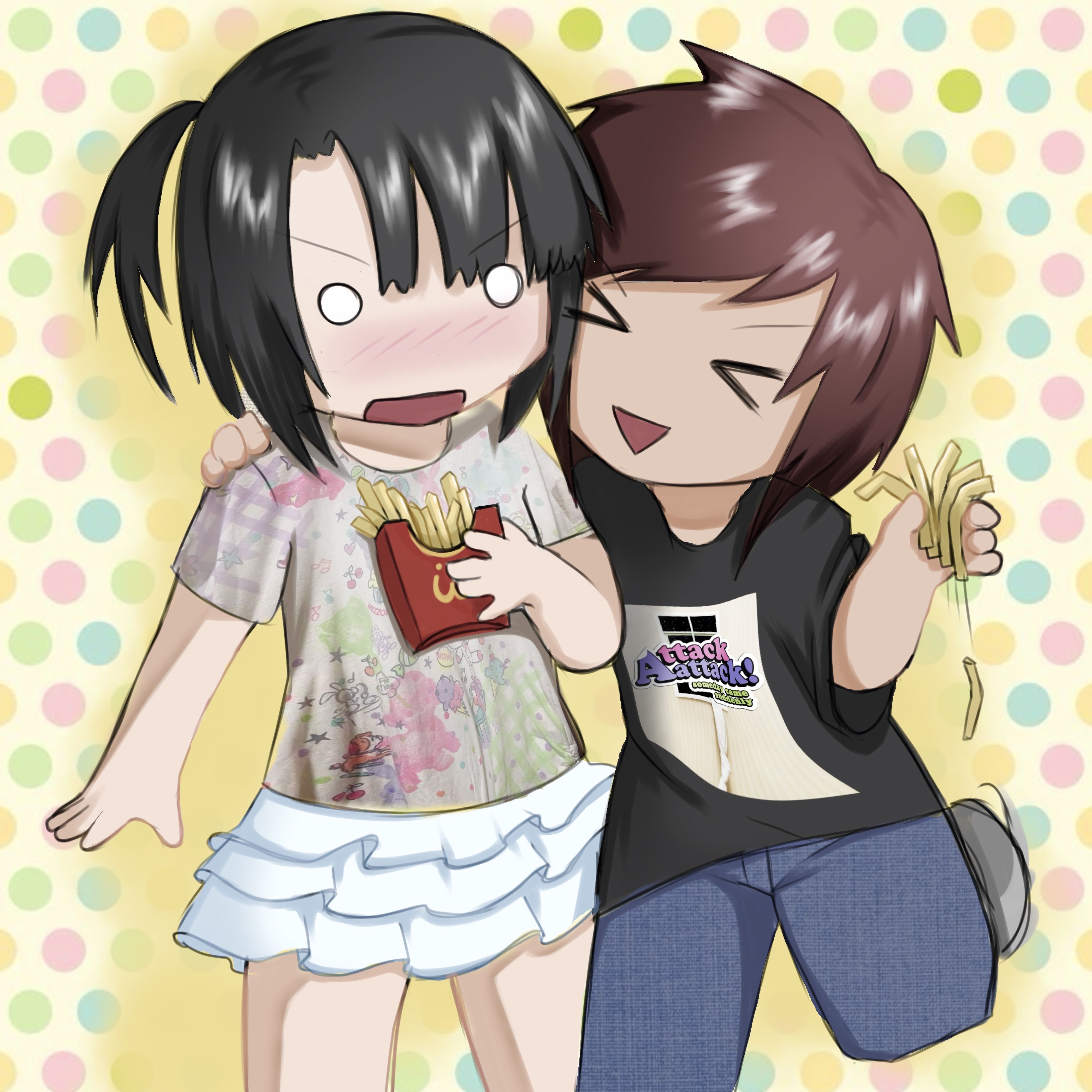 mcdonald's, original, absurdres, highres, 2000s (style), attack attack (band), black hair, black shirt, brown hair, chibi, denim, food, french fries, happy, holding, holding food, jeans, open mouth, pants, pyopyopop, shirt, skirt, surprised, white skirt