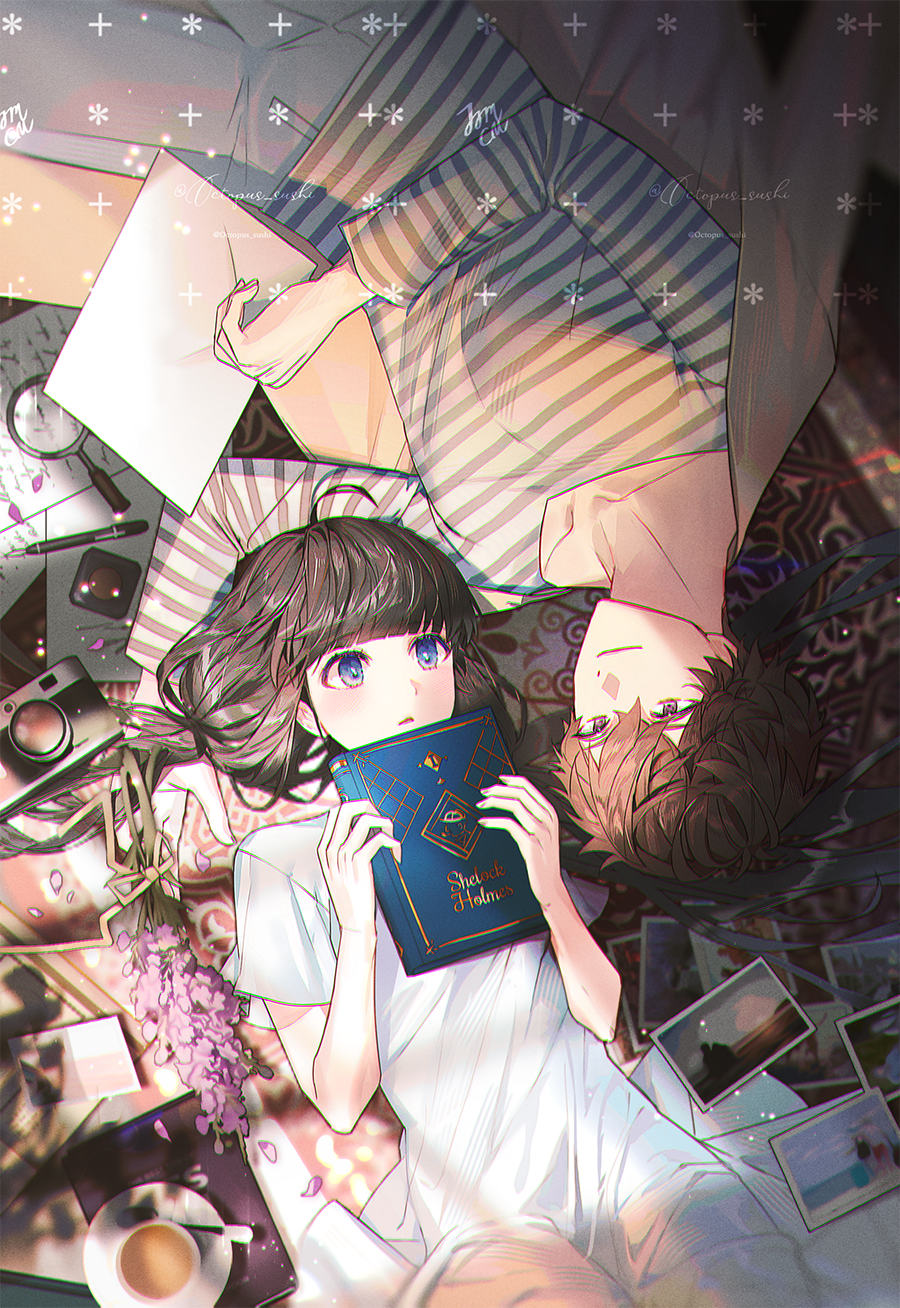 bamcream, original, commentary, commission, english commentary, highres, 1boy, 1girl, ahoge, blue eyes, blunt bangs, book, brown hair, camera, closed mouth, cup, dress, grey jacket, grey pants, hair between eyes, holding, holding book, jacket, long hair, long sleeves, lying, magnifying glass, on back, open clothes, open jacket, pants, parted lips, pen, photo (object), purple eyes, saucer, shirt, short hair, short sleeves, smile, striped clothes, striped shirt, white dress, white shirt