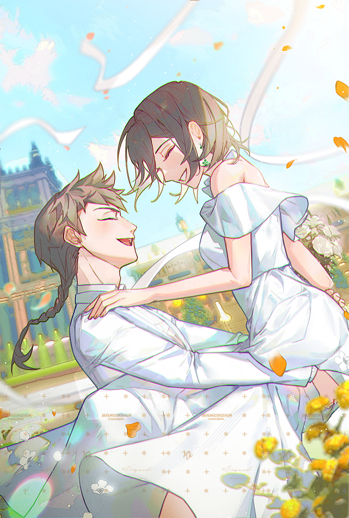 bamcream, original, commentary, commission, english commentary, 1boy, 1girl, bare shoulders, blue sky, braid, brown hair, carrying, carrying person, closed eyes, collared shirt, cowboy shot, day, dress, grin, long hair, long sleeves, off-shoulder dress, off shoulder, open mouth, outdoors, shirt, short hair, short sleeves, single braid, sky, smile, white dress, white shirt