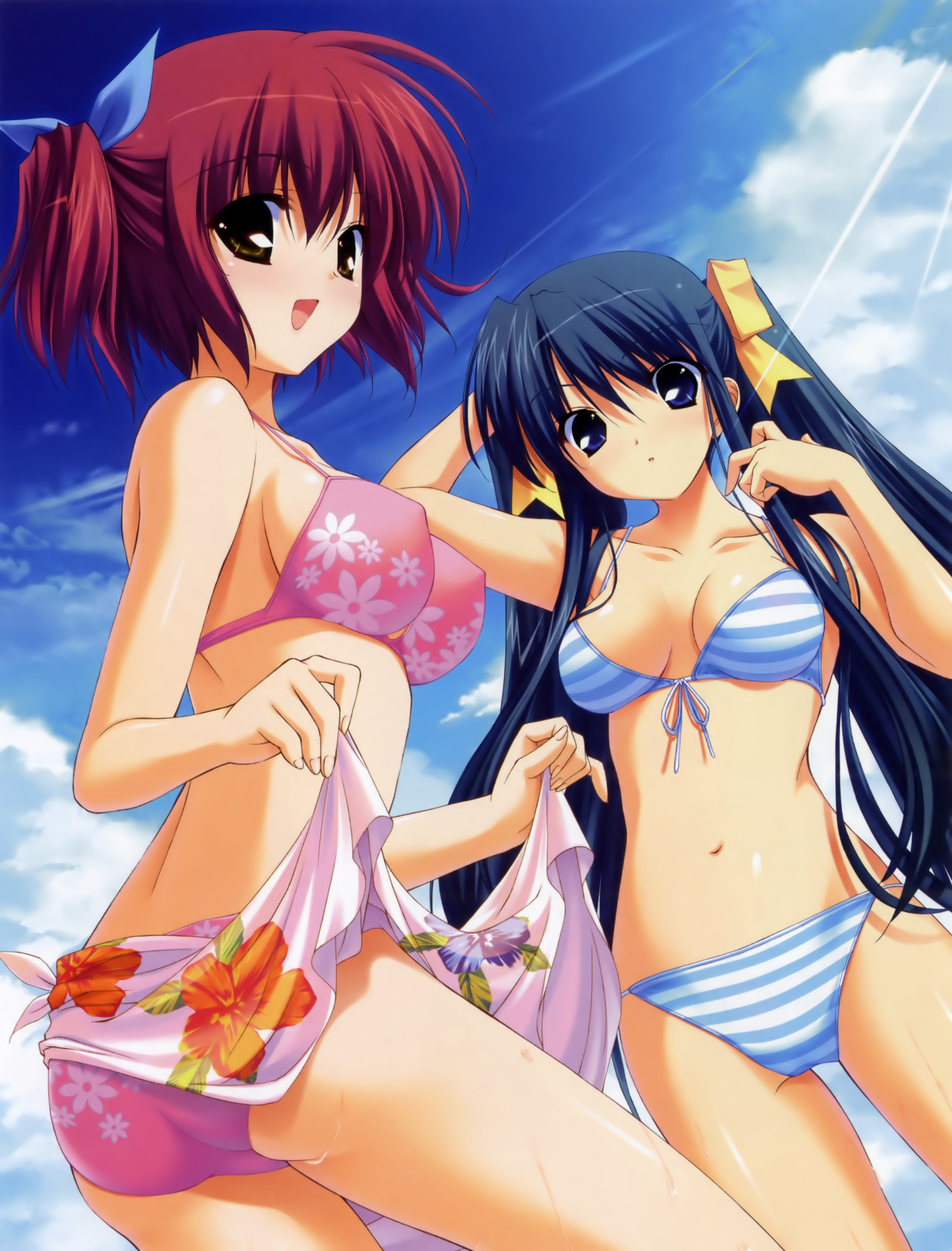 fumio (ura fmo), kinoshita midori, kuroda yui, hoshiuta, absurdres, highres, non-web source, 2girls, bikini, blue eyes, blue hair, bow, breasts, cleavage, cloud, day, front-tie top, long hair, medium breasts, multiple girls, pink sarong, red hair, sarong, short hair, sky, striped bikini, striped clothes, swimsuit, twintails, very long hair, yellow eyes