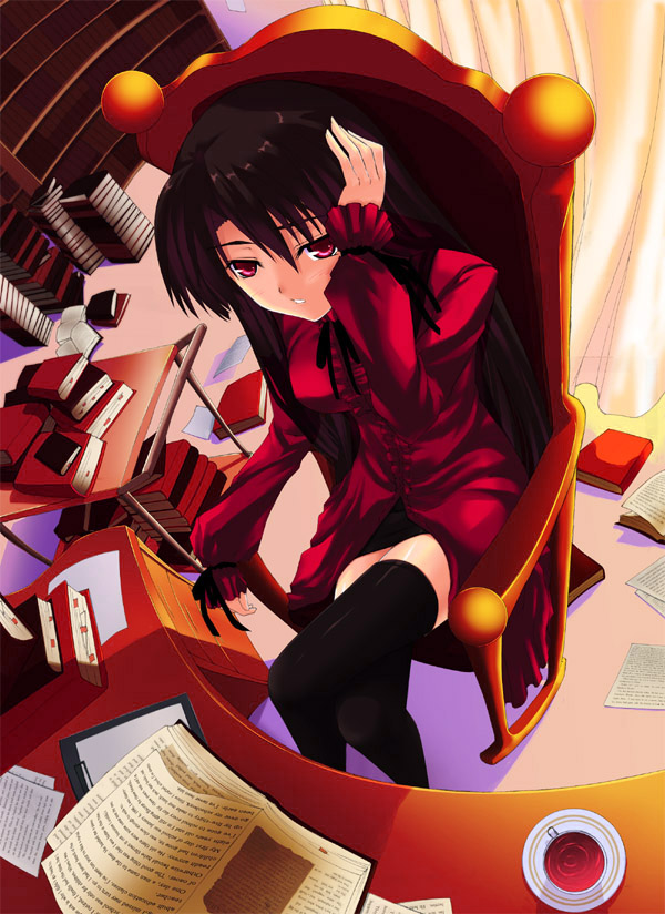 kanata daiki, original, armchair, book, brown hair, chair, library, long hair, red eyes, sitting, solo, tea, thighhighs, zettai ryouiki