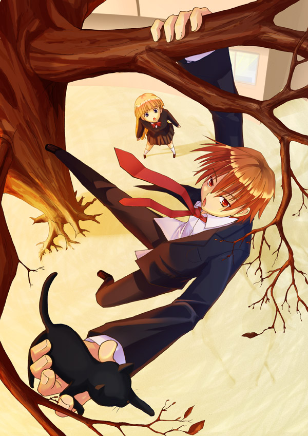 kanata daiki, original, cat, necktie, school uniform, tree