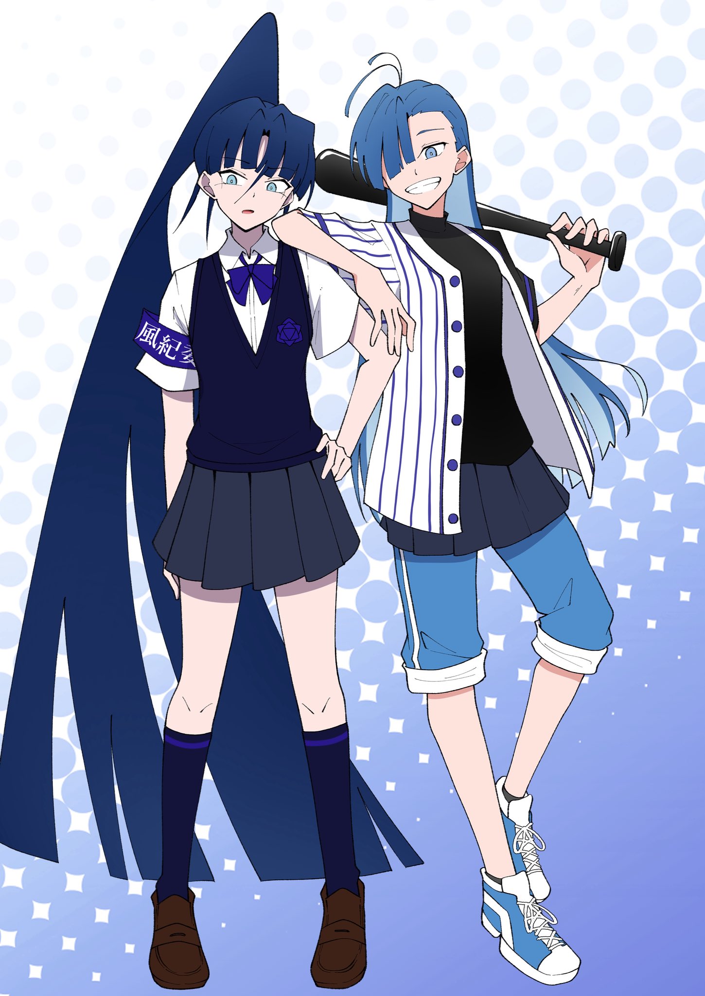 nori (norinori yrl), merry (ado), naima (ado), ado (utaite), readymade (ado), usseewa, commentary request, highres, translation request, 2girls, ahoge, armband, baseball bat, blue bow, blue bowtie, blue eyes, blue hair, blue shoes, blue socks, blue sweater vest, bow, bowtie, brown shoes, clenched teeth, dress shirt, full body, grey skirt, hair between eyes, hair over one eye, hand on own hip, holding, holding baseball bat, jacket, kneehighs, leaning on person, loafers, long hair, multiple girls, open mouth, pleated skirt, ponytail, school uniform, shirt, shoes, skirt, socks, sweater vest, teeth, very long hair, white jacket