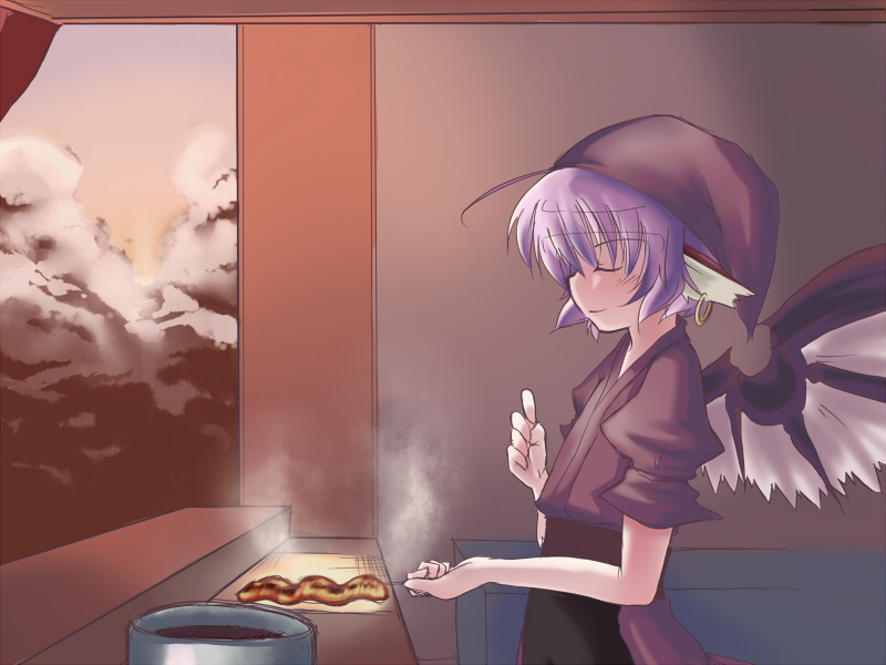 amagase lyle, rairu, mystia lorelei, okamisty, touhou, 1girl, animal ears, closed eyes, cooking, earrings, female focus, food, food stand, grill, hat, japanese clothes, jewelry, pink hair, short hair, solo, wings