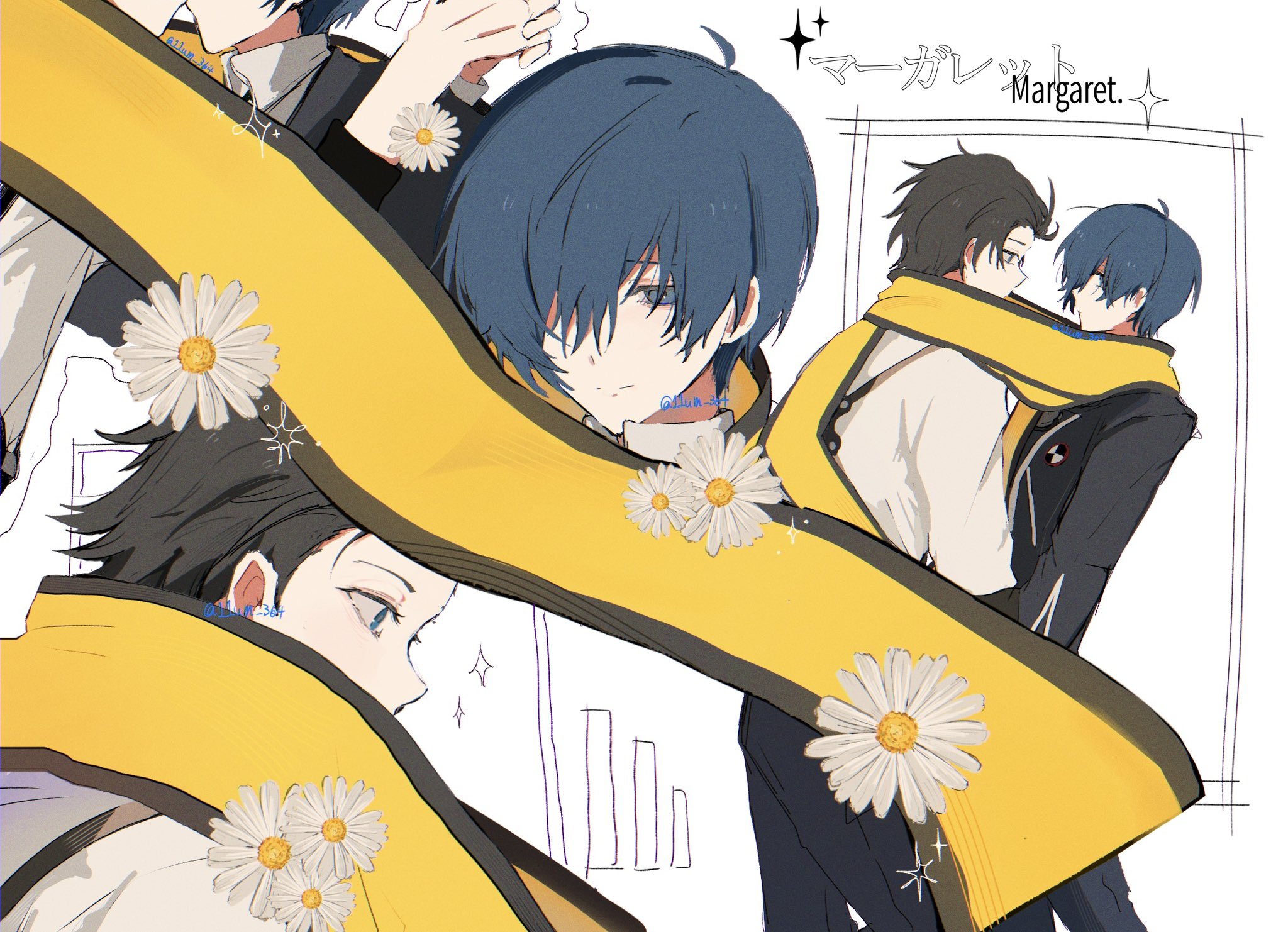 mochizuki ryouji, yuuki makoto (persona 3), persona, persona 3, commentary request, highres, translated, 11um 364, 2boys, ahoge, antenna hair, black hair, black jacket, black pants, blue eyes, blue hair, daisy (flower), english text, flower, four-pointed star, from side, gekkoukan high school uniform, holding hands, jacket, looking at another, looking back, looking down, male focus, multiple boys, multiple views, pants, scarf, school uniform, shared clothes, shared scarf, shirt, short hair, twitter username, white background, white shirt, yaoi, yellow scarf