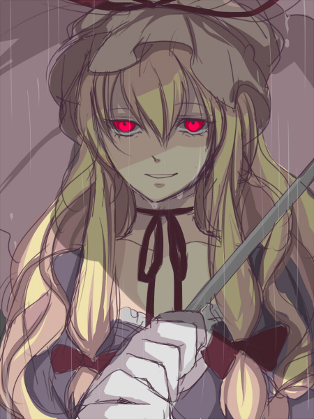 harano, yakumo yukari, touhou, 1girl, blonde hair, female focus, gloves, hat, rain, red eyes, solo, umbrella, upper body