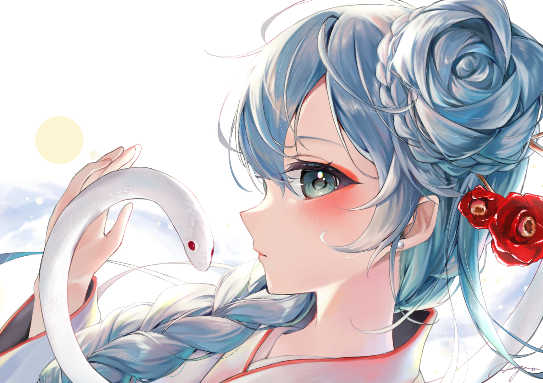 mii (user naan2728), hatsune miku, vocaloid, highres, 1girl, alternate costume, aqua eyes, blush, braid, chinese zodiac, closed mouth, earpiece, flower hairpin, from side, green eyes, hair ornament, hairpin, japanese clothes, kimono, long hair, multiple hairpins, snake, very long hair, year of the snake