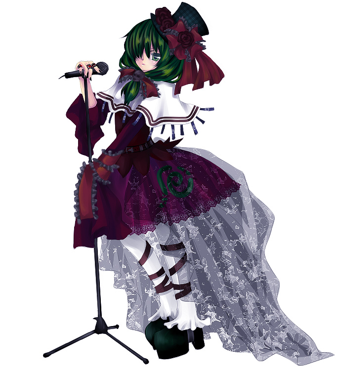 mikazuki sara, kagiyama hina, touhou, 1girl, female focus, front ponytail, gothic lolita, hat, lolita fashion, microphone, microphone stand, mini hat, mini top hat, solo, top hat