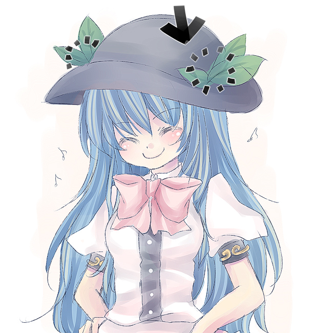 mikazuki sara, hinanawi tenshi, touhou, 1girl, blue hair, blush, closed eyes, female focus, leaf, smile, solo