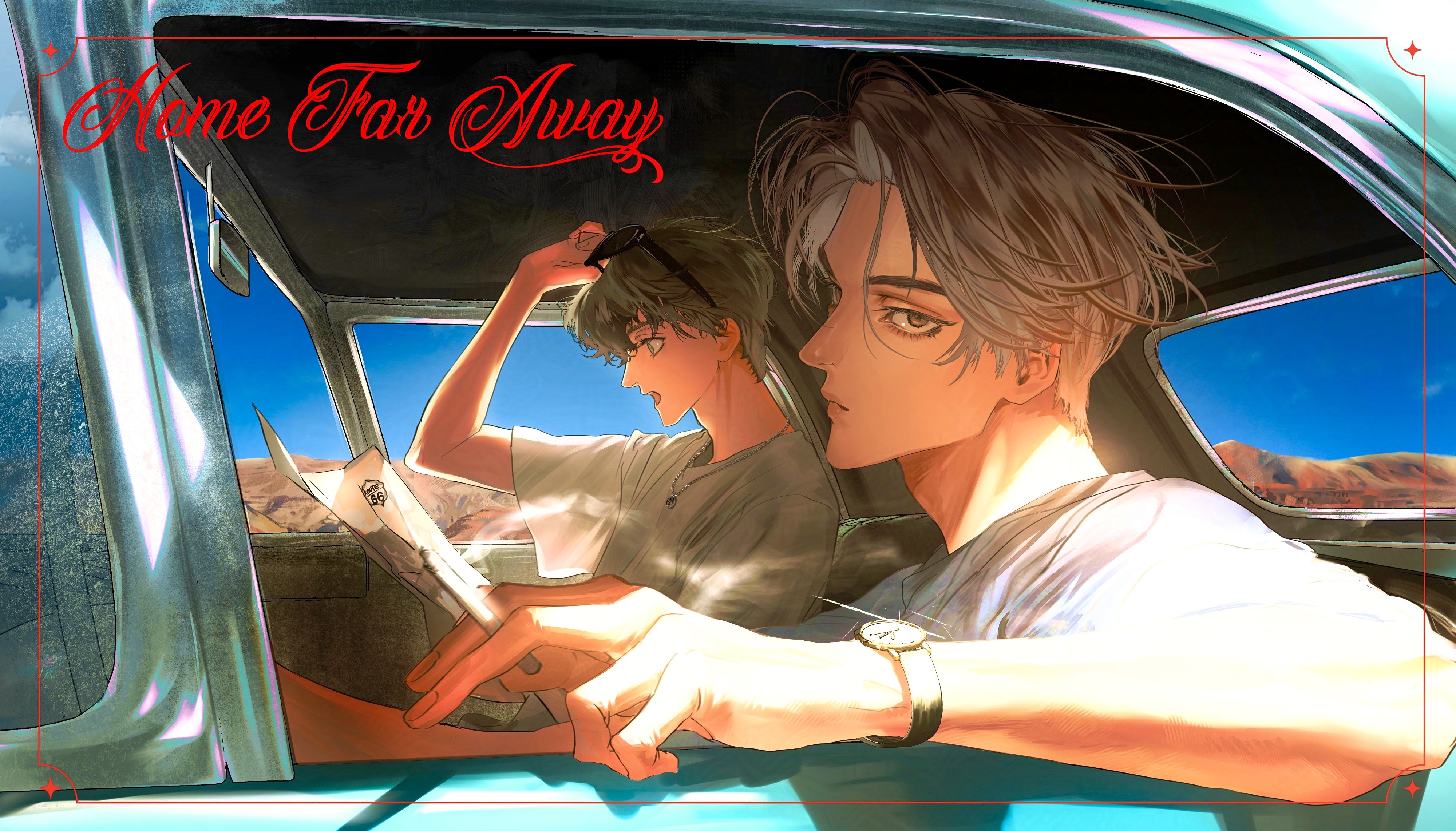 mukashi95, absurdres, highres, 2boys, alain saverio, arm outside window, brown hair, car, car interior, cigarette, desert, driving, haruka tooki ie, hayden stewart, holding, holding cigarette, holding removed eyewear, jewelry, looking at object, looking at viewer, map, motor vehicle, multiple boys, necklace, parted bangs, shirt, smoke, sunglasses, unworn eyewear, watch, white shirt, wristwatch, yaoi