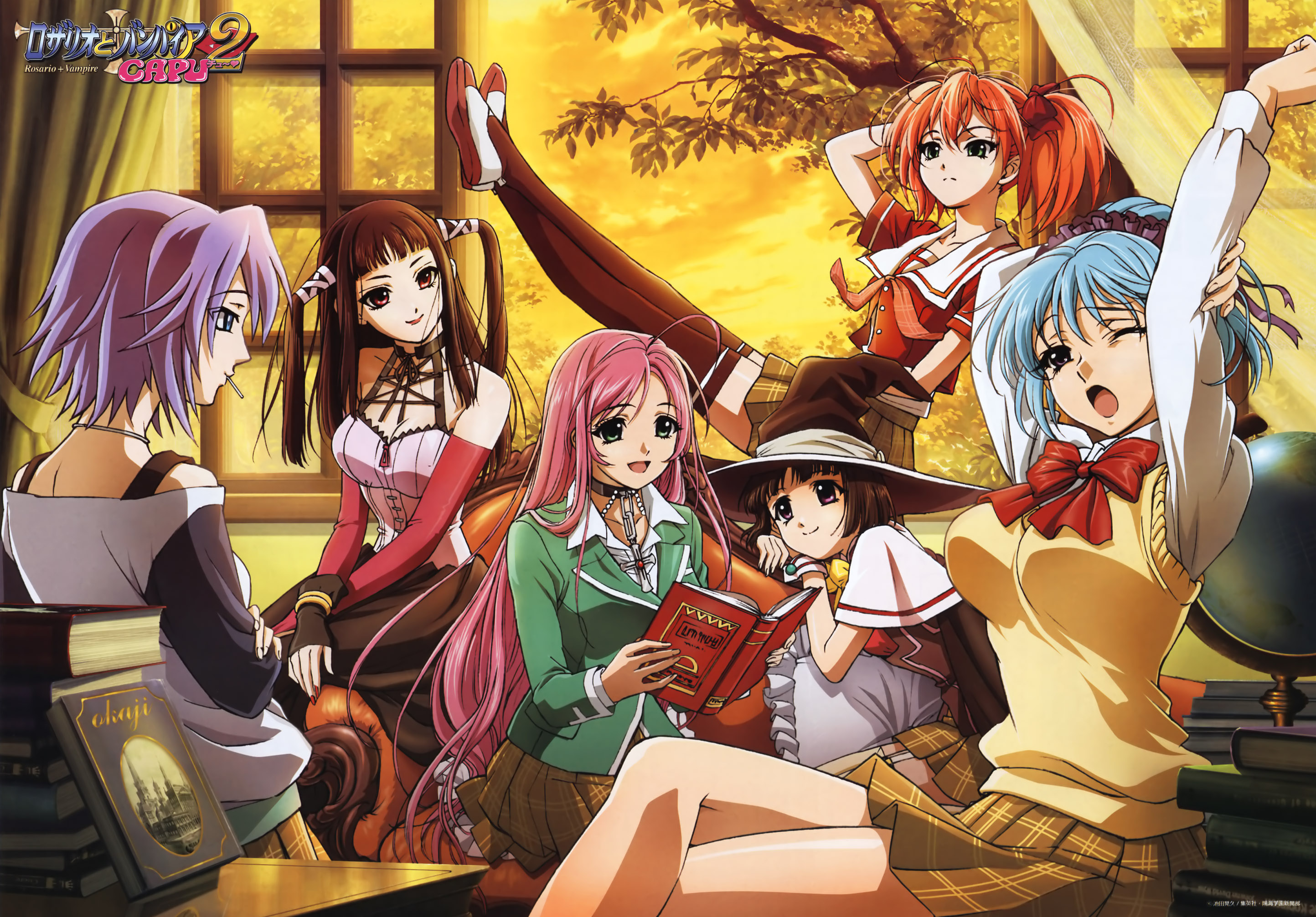 akashiya moka, kurono kurumu, sendou yukari, shirayuki mizore, shuzen kokoa, toujou ruby, rosario+vampire, highres, non-web source, 00s, 6+girls, black hair, blue eyes, blue hair, book, bow, breasts, candy, cleavage, crossed legs, demon girl, female focus, food, garter straps, green eyes, hairband, hat, headband, holding own arm, large breasts, legs up, lollipop, long hair, medium breasts, multiple girls, one eye closed, orange hair, pillow, pink hair, plaid clothes, plaid skirt, purple eyes, purple hair, red eyes, school uniform, serafuku, short hair, sitting, skirt, stretching, sweater, thighhighs, twintails, vampire, very long hair, wink, witch, witch hat, zettai ryouiki