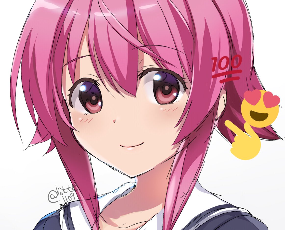 rotte (1109), onoe serika, chaos;child, science adventure, shiny eyes, non-web source, 1girl, blush, bow, chest bow, cropped jacket, dress vest, emoji, hair between eyes, long sleeves, looking at viewer, pink eyes, pink hair, red bow, sailor collar, school uniform, shiny skin, short hair with long locks, smile, solo, white background, white sailor collar