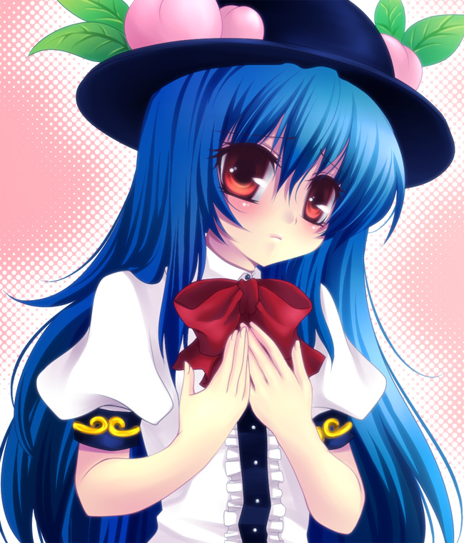 mikazuki sara, hinanawi tenshi, touhou, 1girl, blue hair, blush, female focus, hat, long hair, red eyes, solo, upper body, white background