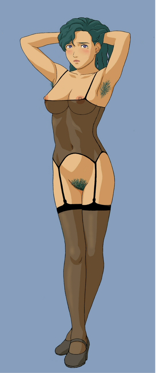 claire rondo, planetes, highres, 1girl, armpit hair, armpits, arms behind head, arms up, breasts, colored armpit hair, dark-skinned female, dark skin, female focus, female pubic hair, green hair, lingerie, nipples, pubic hair, see-through clothes, shoes, solo, thighhighs, underwear