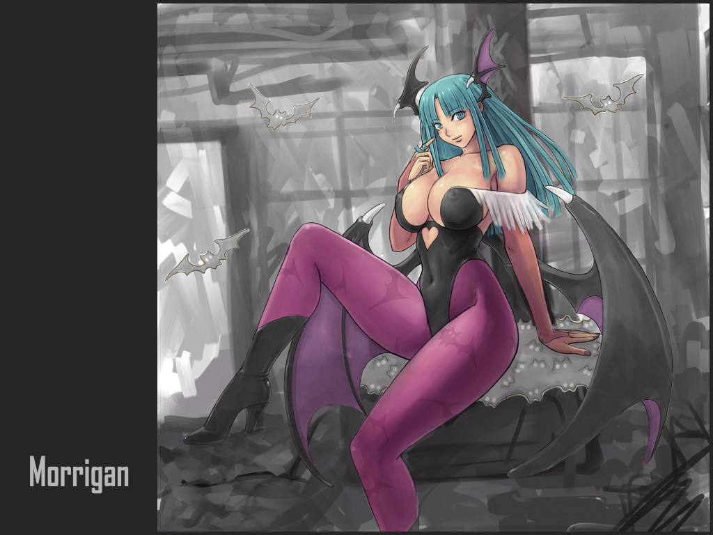 ark (morita hitomi), morrigan aensland, capcom, darkstalkers, 1girl, animal print, bare shoulders, bat (animal), bat print, black boots, blunt bangs, boots, breasts, character name, cleavage, covered erect nipples, demon girl, elbow gloves, female focus, from side, gloves, green eyes, green hair, head tilt, head wings, high heel boots, high heels, large breasts, leg up, long hair, long legs, matching hair/eyes, nail polish, nipples, off shoulder, pantyhose, parted bangs, patterned legwear, print pantyhose, purple nails, purple pantyhose, shoes, sitting, smile, solo, thick thighs, thighs, twirling hair, wings