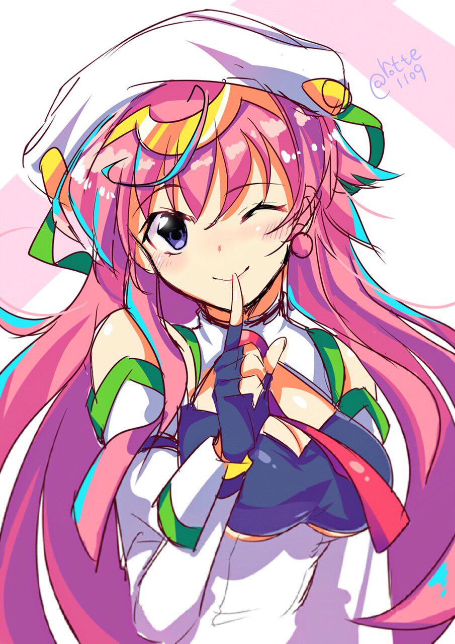 rotte (1109), seira orgel, blood tune, chaos;head, science adventure, highres, non-web source, 1girl, ;), bandeau, beret, black bandeau, black gloves, black panties, breasts, closed mouth, detached sleeves, earrings, finger to mouth, fingerless gloves, gloves, green trim, hair ornament, hat, jewelry, long hair, looking at viewer, magical girl, medium breasts, necktie, one eye closed, panties, pink hair, purple eyes, red necktie, shushing, smile, solo, underwear, white hat, white sleeves