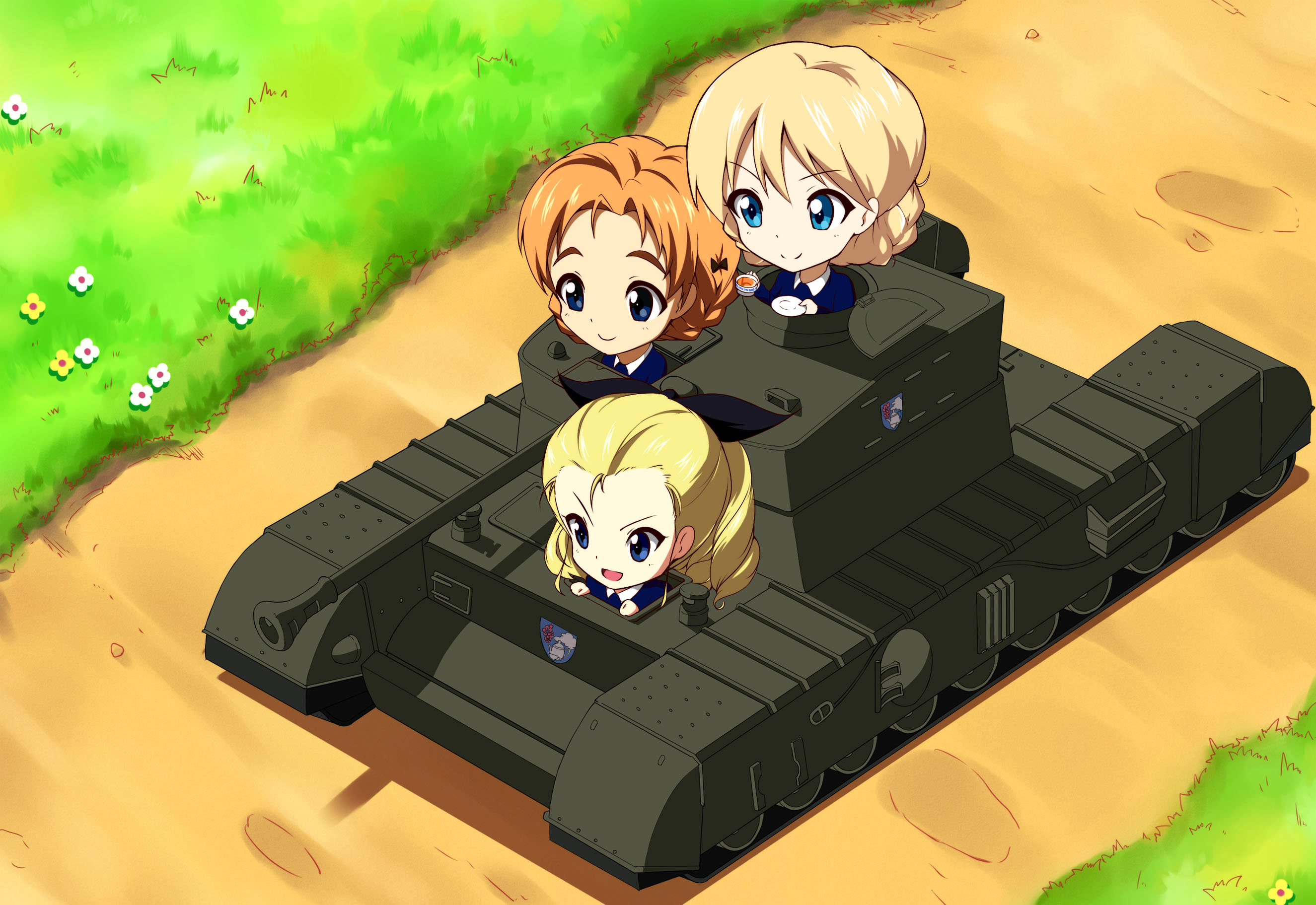 youmou usagi, assam (girls und panzer), churchill (tank), darjeeling (girls und panzer), orange pekoe (girls und panzer), girls und panzer, highres, 3girls, black ribbon, blonde hair, blue eyes, blue sweater, braid, closed mouth, cup, emblem, enter enter mission!, grass, hair pulled back, hair ribbon, holding, holding cup, holding saucer, long hair, long sleeves, military, military vehicle, motor vehicle, multiple girls, nape braid, open mouth, orange hair, ribbon, saucer, school uniform, shirt, short hair, smile, st. gloriana's (emblem), st. gloriana's school uniform, sweater, tank, tea, teacup, teapot, twin braids, updo, v-neck, white shirt