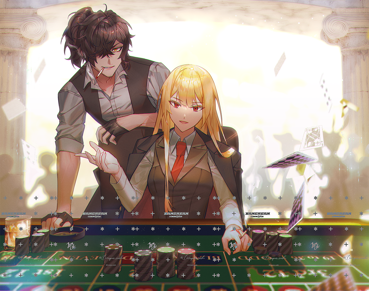 bamcream, original, commentary, commission, english commentary, 1boy, 1girl, black hair, black jacket, black vest, blonde hair, card, cigarette, collared shirt, hair over one eye, holding, holding cigarette, jacket, long hair, long sleeves, necktie, open clothes, open jacket, open mouth, playing card, poker chip, poker table, red necktie, shirt, smile, smoking, table, upper body, vest, white shirt, yellow eyes