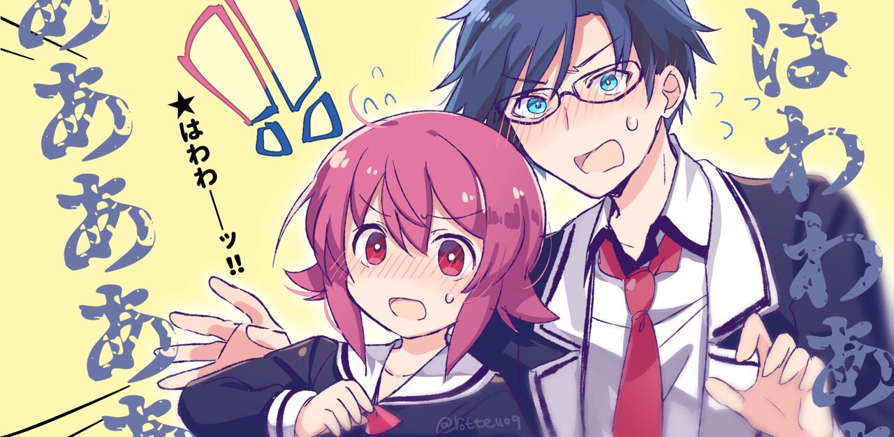 rotte (1109), miyashiro takuru, onoe serika, chaos;child, science adventure, non-web source, translation request, !, !!, 1boy, 1girl, black jacket, blue eyes, blue hair, blush, bow, buttons, chest bow, collarbone, collared shirt, cropped jacket, double-breasted, dress shirt, dress vest, embarrassed, furrowed brow, glasses, hand up, hekiho academy school uniform, jacket, lapels, long sleeves, necktie, nervous sweating, notched lapels, open mouth, pink eyes, pink hair, red bow, red necktie, sailor collar, school uniform, shirt, short hair with long locks, surprised, sweat, tongue, white sailor collar, white shirt