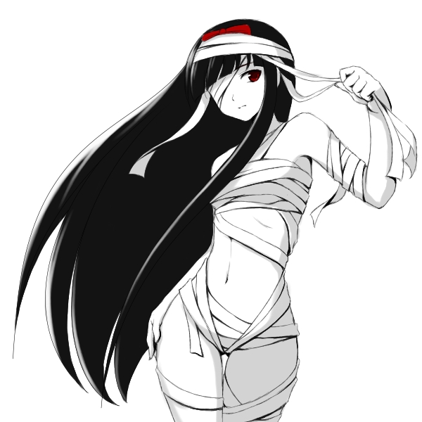 atsukan, 1girl, bandage over one eye, bandages, black hair, bow, female focus, greyscale, headband, long hair, midriff, monochrome, naked bandage, one-eyed, red eyes, solo, spot color, unknown, very long hair