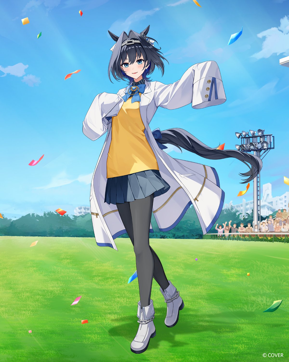 miyanami 3, agnes tachyon (tach-nology) (umamusume), agnes tachyon (umamusume), ouro kronii, hololive, hololive english, hololive indonesia, umamusume, commentary, english commentary, highres, official art, 1girl, agnes tachyon (umamusume) (cosplay), ahoge, animal ears, blue eyes, blue hair, bow, bow earrings, breasts, chain, chain headband, coat, cosplay, earrings, extra ears, hair between eyes, hair intakes, heart-shaped gem, horse ears, horse girl, horse tail, jellyfish cut, jewelry, lab coat, large breasts, long hair, long sleeves, looking at viewer, open mouth, pantyhose, ribbon earrings, shirt, short hair, sleeves past fingers, sleeves past wrists, smile, solo, sweater, sweater vest, tail, virtual youtuber, white coat, yellow sweater, yellow sweater vest