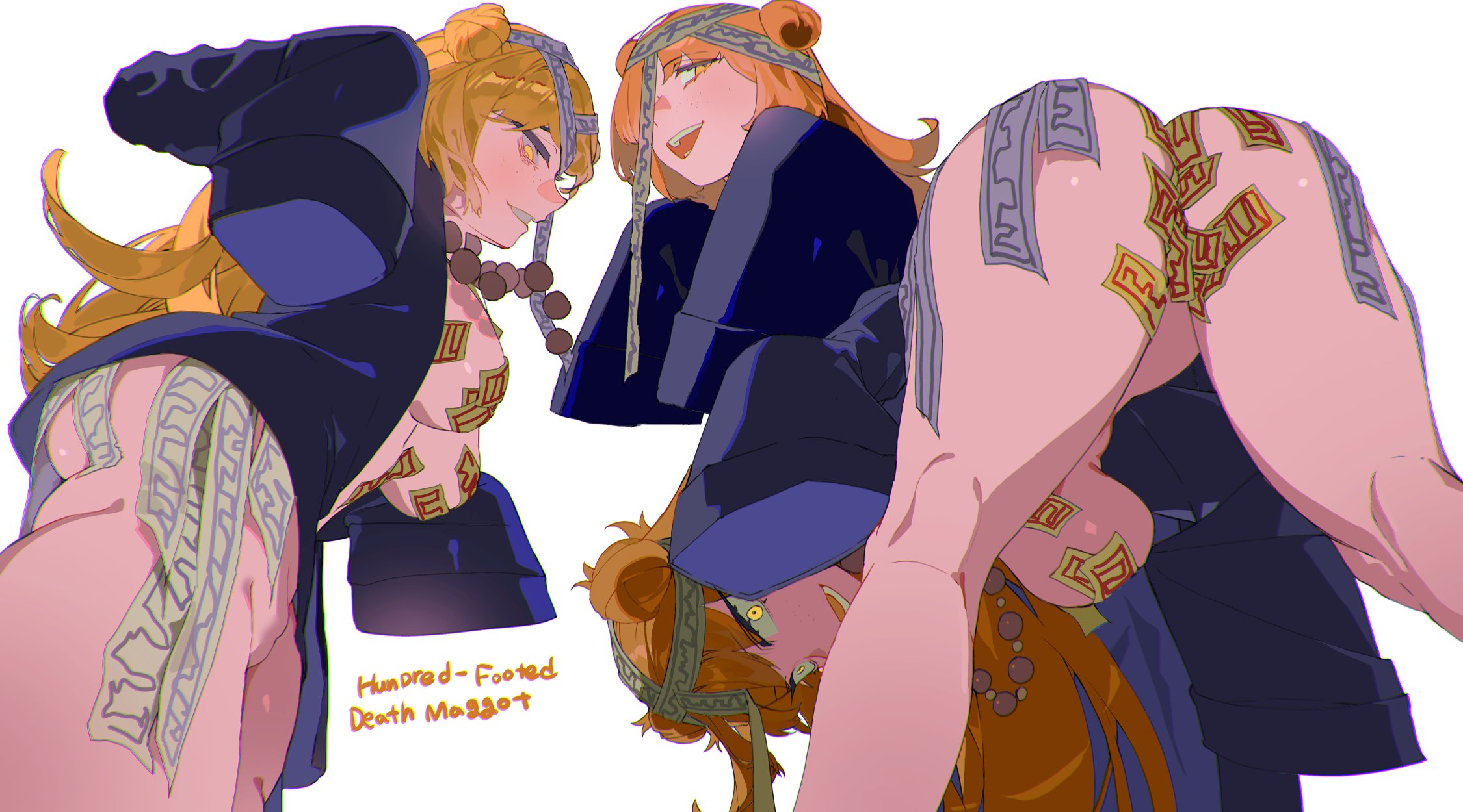 yongsadragon, ishmael (project moon), limbus company, project moon, highres, 1girl, breasts, double bun, e.g.o (project moon), hair bun, hundred-footed death maggot (e.g.o), long hair, long sleeves, looking back, maebari, multiple views, naked robe, ofuda, ofuda on nipples, ofuda on pussy, open clothes, open robe, orange hair, pasties, robe, smile, talisman, yellow eyes