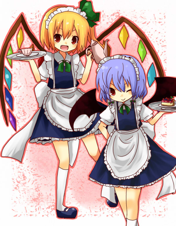 yuzuki (yuduame), flandre scarlet, remilia scarlet, touhou, bad id, bad pixiv id, 2girls, bat wings, blonde hair, blue hair, bow, female focus, hair bow, maid, multiple girls, one eye closed, red eyes, short hair, siblings, sisters, white background, wings, wink