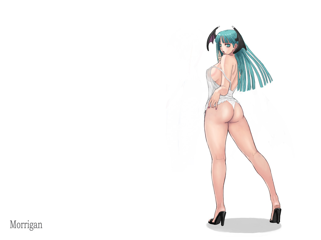 ark (morita hitomi), morrigan aensland, capcom, darkstalkers, 1girl, ass, bare shoulders, breasts, character name, demon girl, female focus, green eyes, green hair, head wings, high heels, legs, lingerie, long hair, matching hair/eyes, nail polish, nightgown, open mouth, panties, pink nails, see-through clothes, shoes, sideboob, solo, standing, underwear, wings